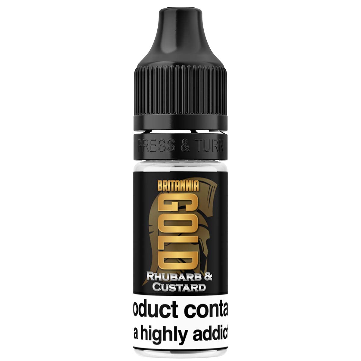 Bottle of Britannia Gold Rhubarb & Custard e-liquid on a white background