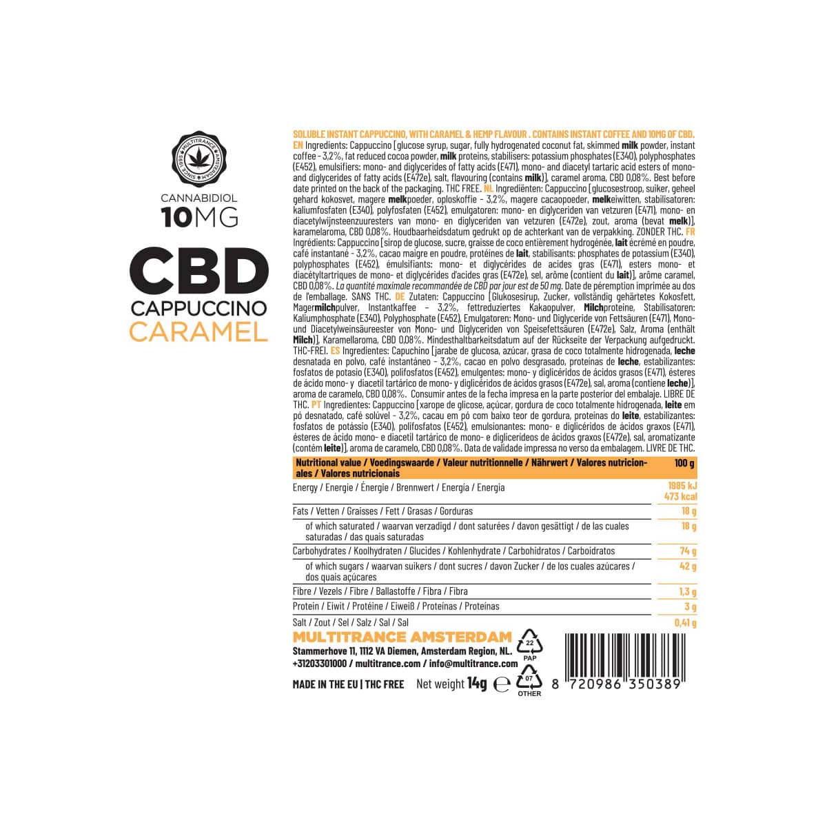 Multitrance CBD Coffee Instant Cappuccino: Caramel - 10mg (10 Sachets)