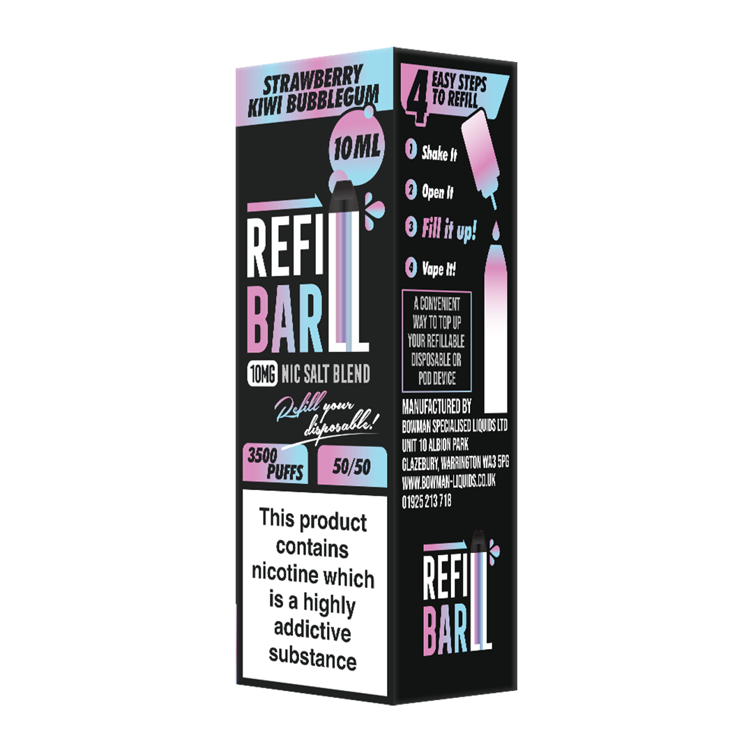 Refill Bar Salts Strawberry Kiwi Bubblegum 10ml 50vg - (Pack Of 10)