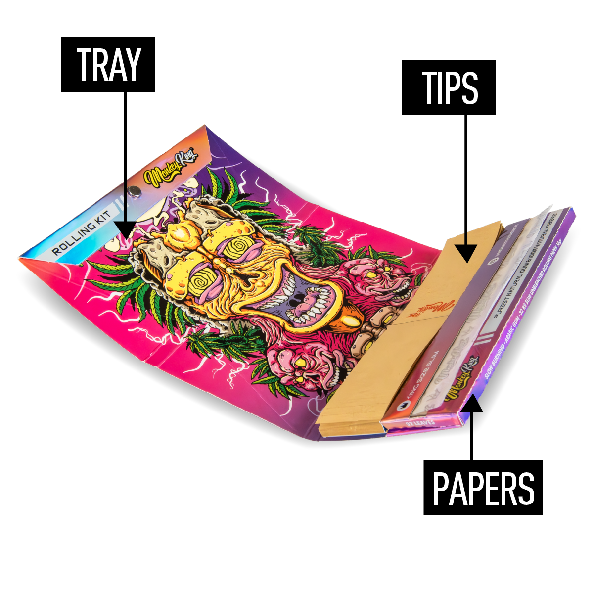Monkey King Rolling Papers + Tips & Tray: Magnet Lock Ready To Fly Unbleached - King Size (24 Pack)