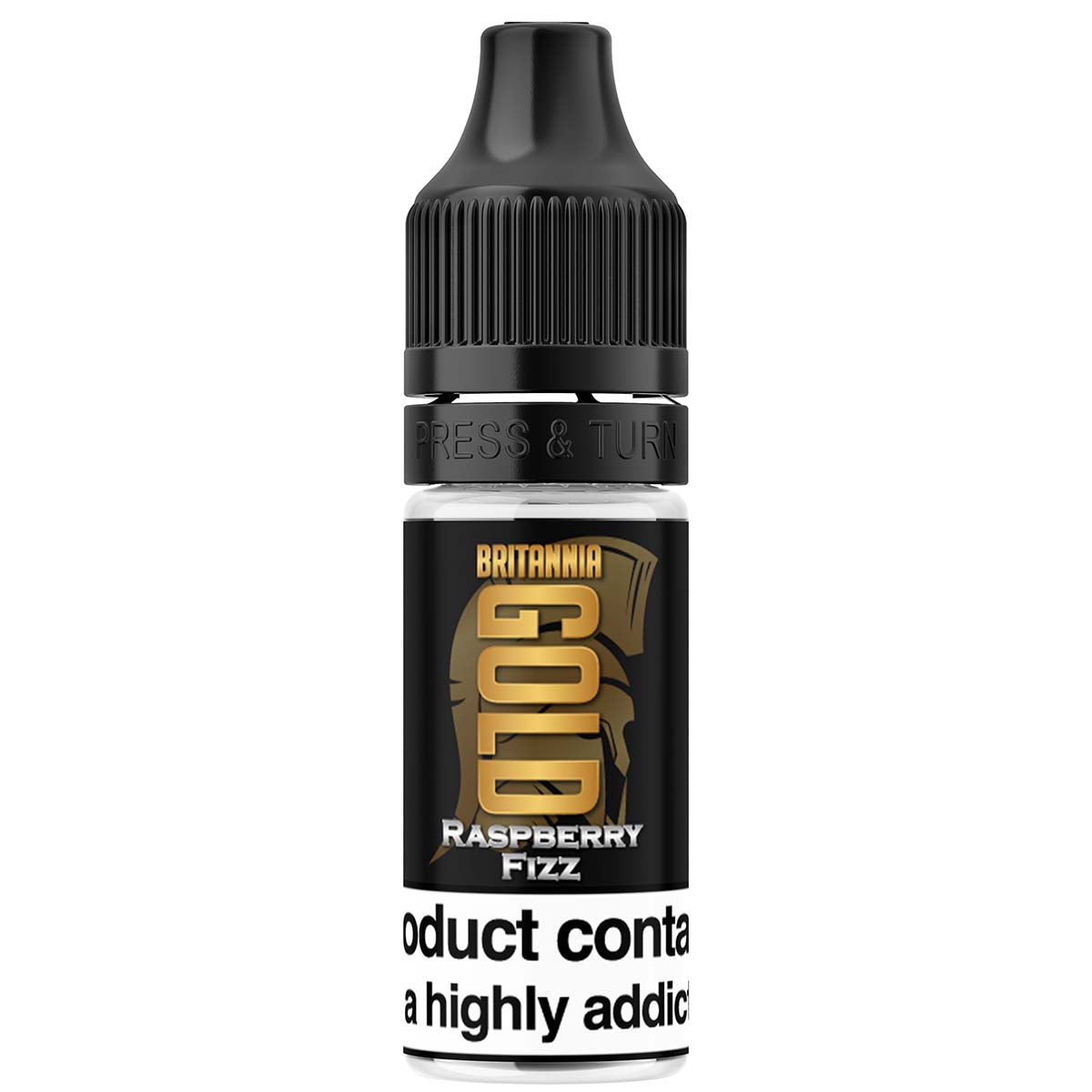 Bottle of Britannia Gold Raspberry Fizz e-liquid on a white background