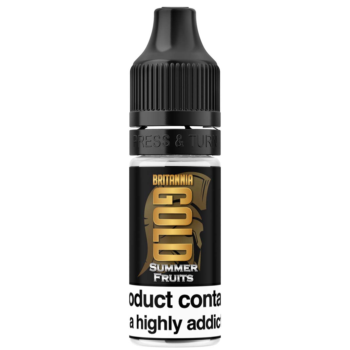 Bottle of Britannia Gold Summer Fruits e-liquid with black cap on a white background