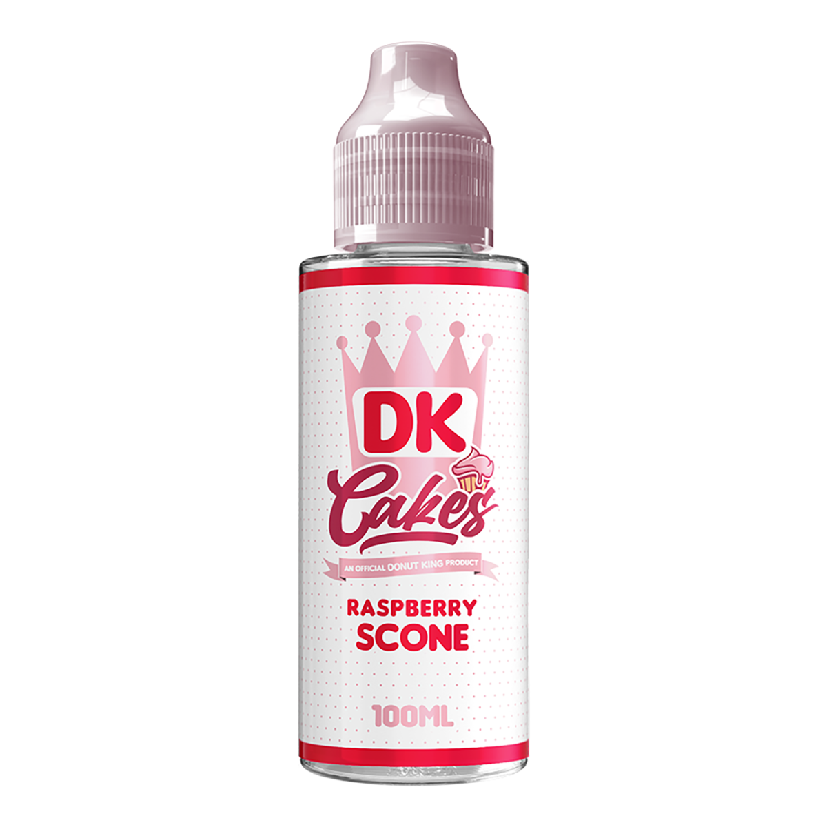 Bottle of DK Cakes Raspberry Tart e-liquid on a white background