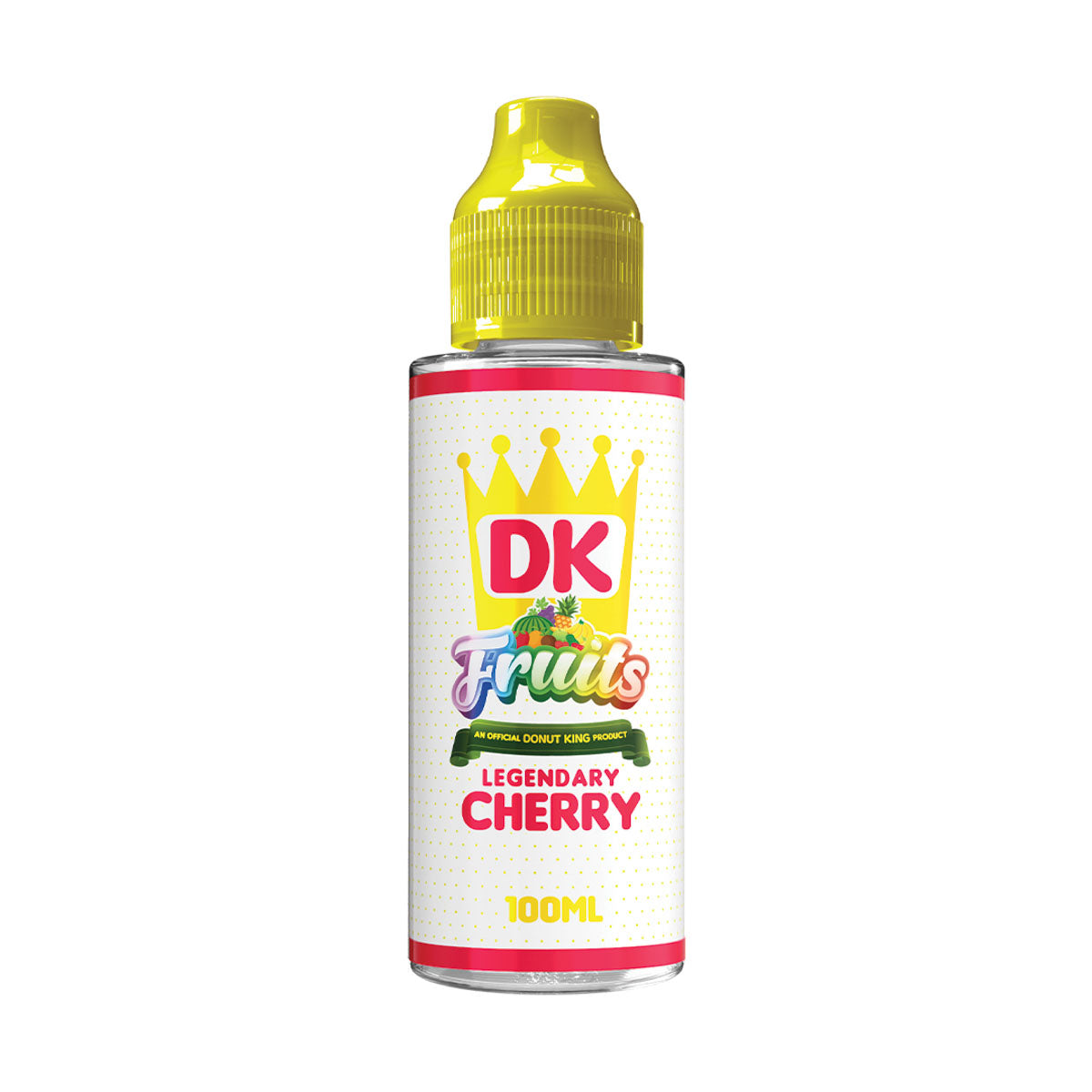 DK Fruits Legendary Cherry vape juice bottle with yellow cap on a white background