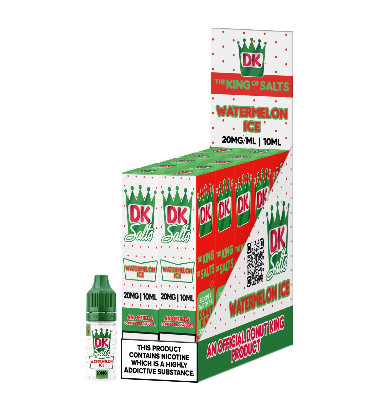 DK Salts Watermelon Ice vape juice packaging with a box and bottle on a white background