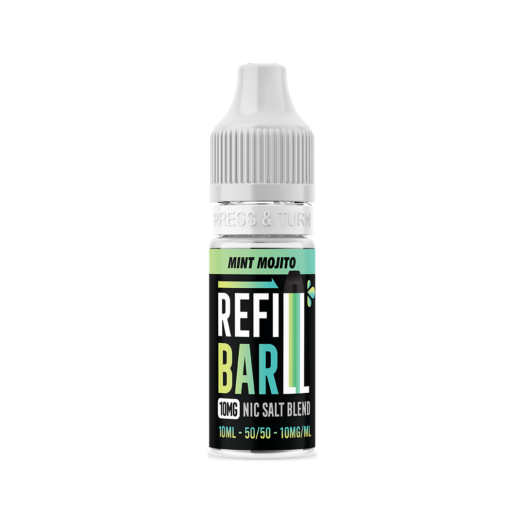 Refillable vape juice bottle with 'REFILL BAR' branding on a white background