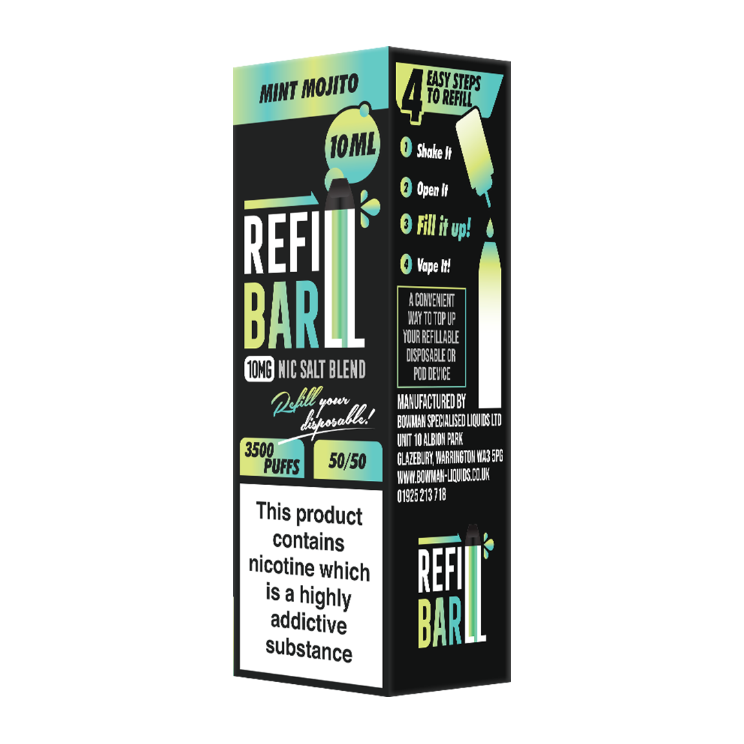 Refillable vape device packaging with branding and product details on a white background