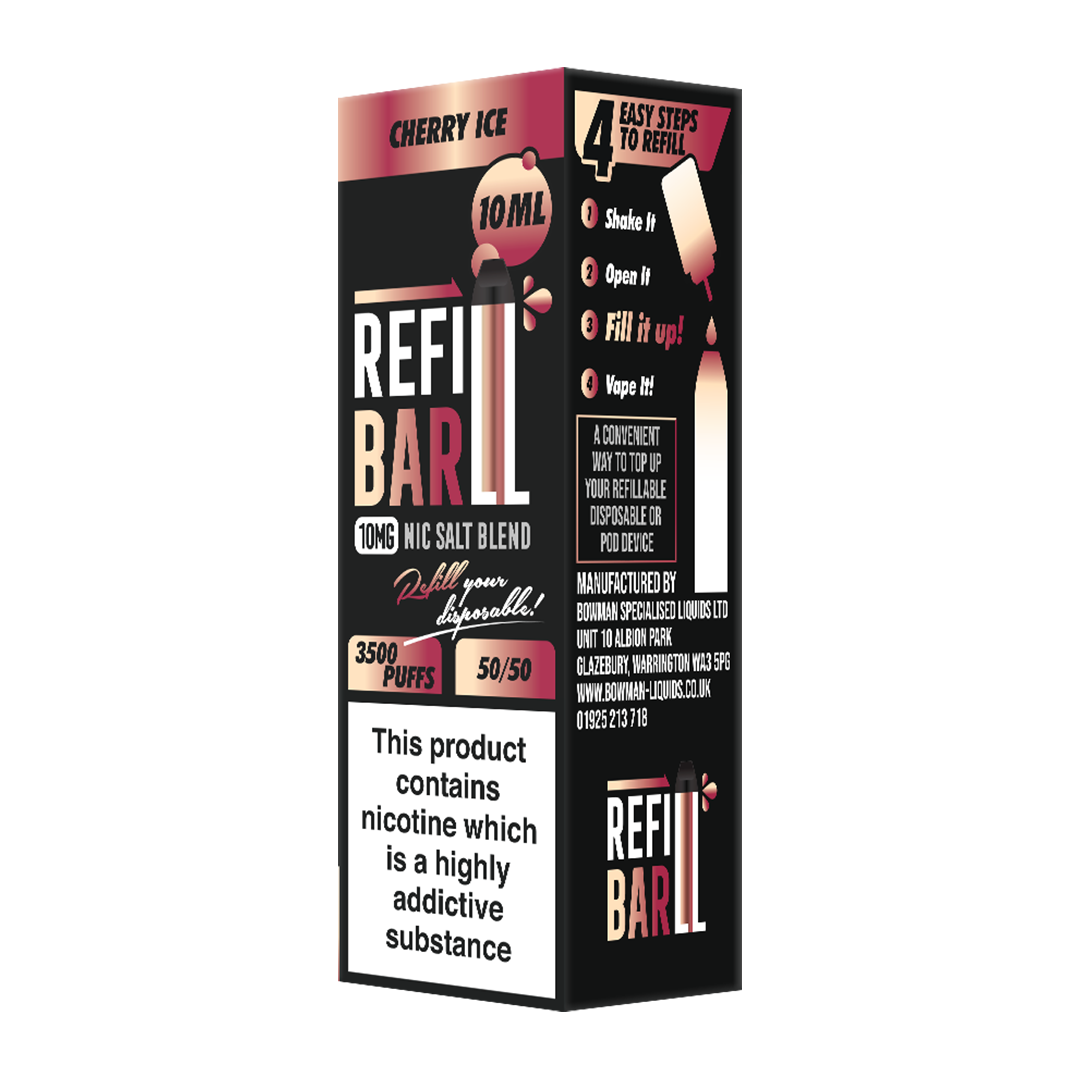 Refillable vape device packaging with branding and product details on a white background
