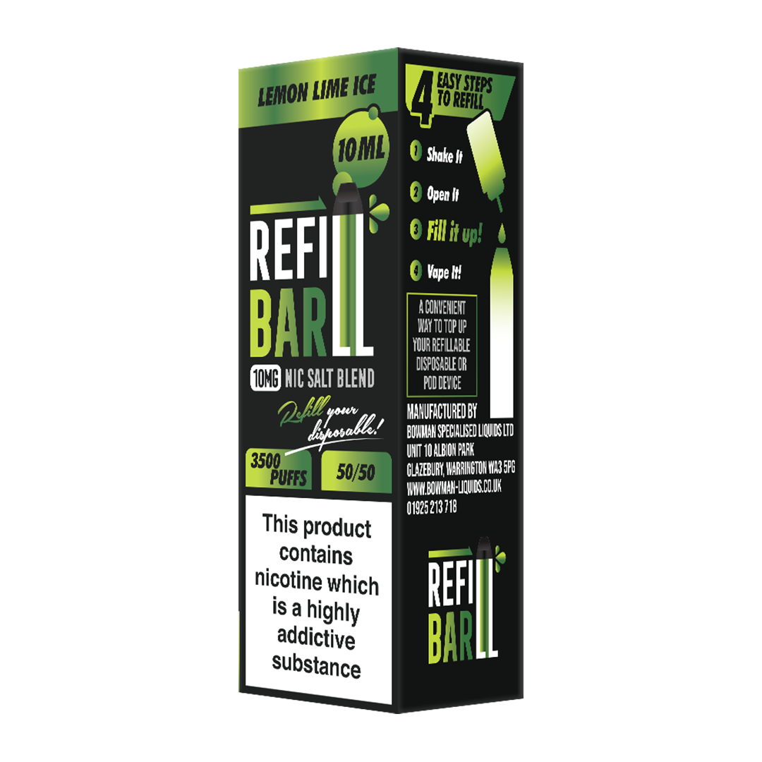 Refillable vape device packaging with lemon lime ice flavor on a white background