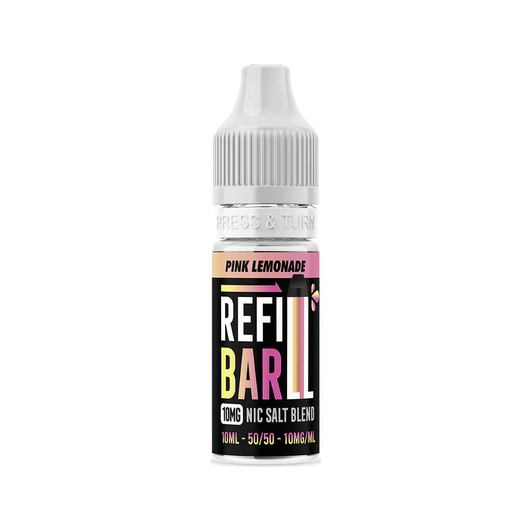 Vape juice bottle with 'Refill Bar' label on a white background