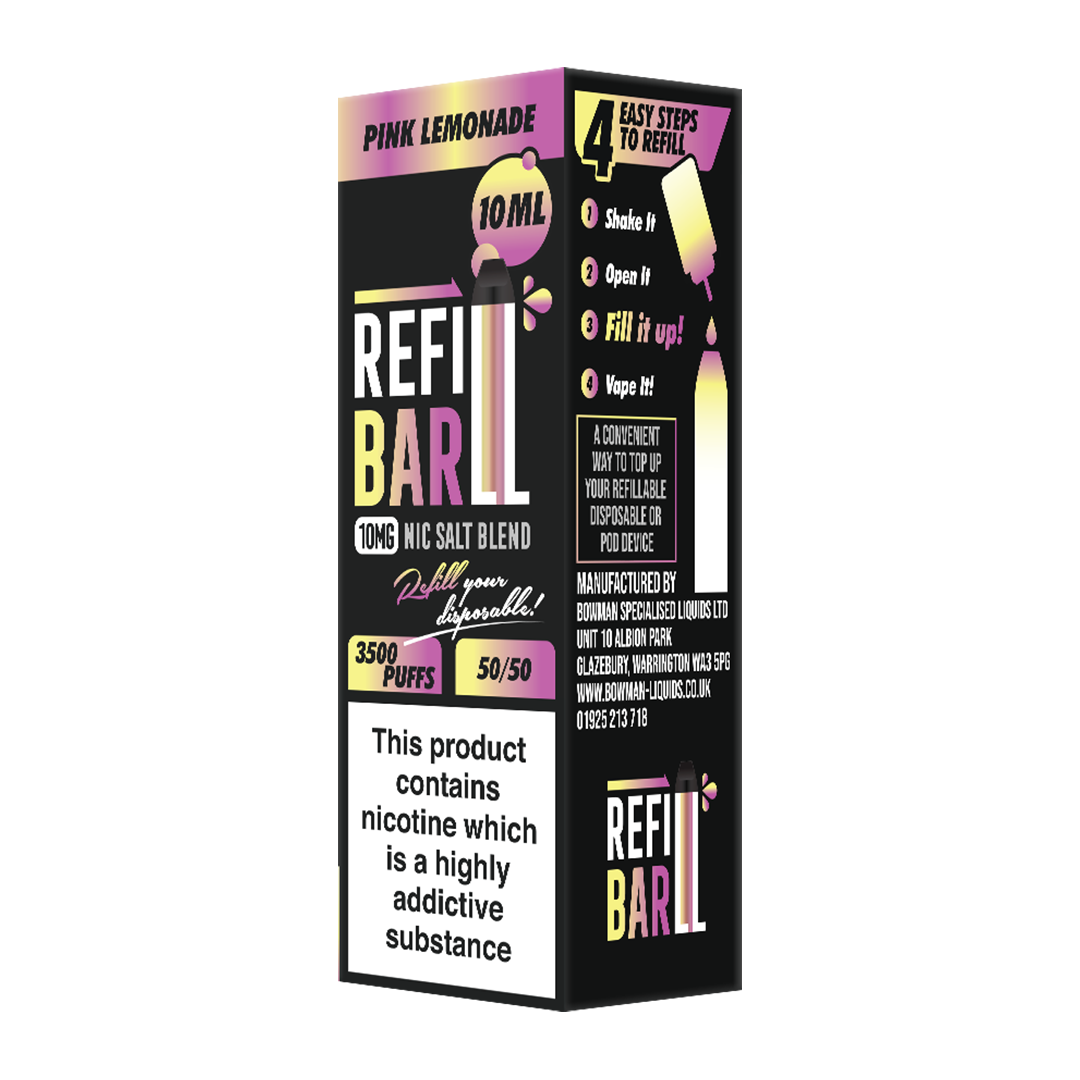 Refillable vape device packaging with colorful text on a white background