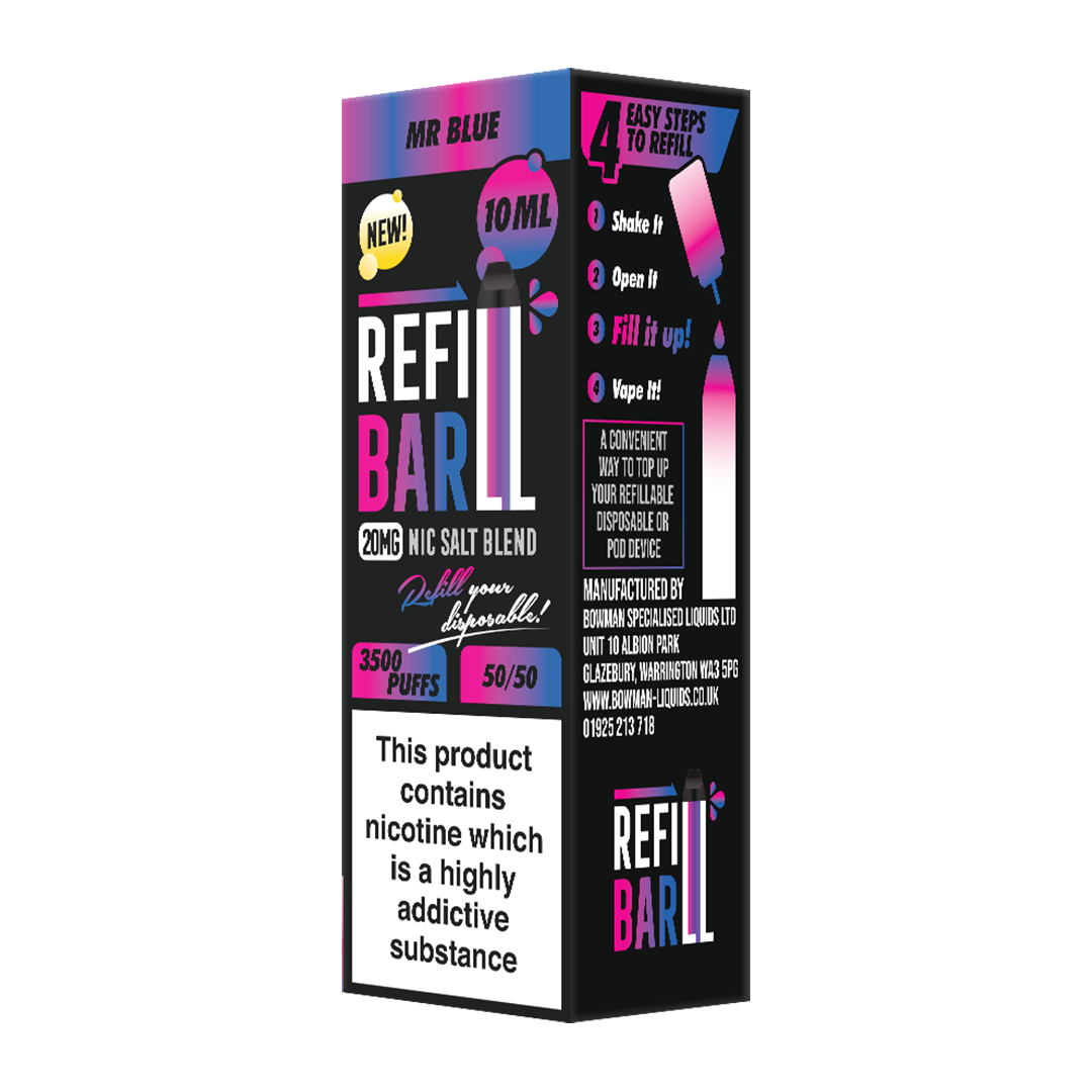 Refillable vape device packaging with colorful design on a white background