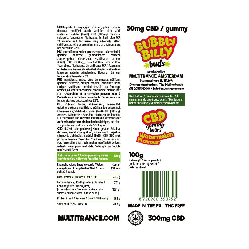 Bubbly Billy Bud's CBD Gummy Bears 100g: Watermelon - 300mg (40 Pack)