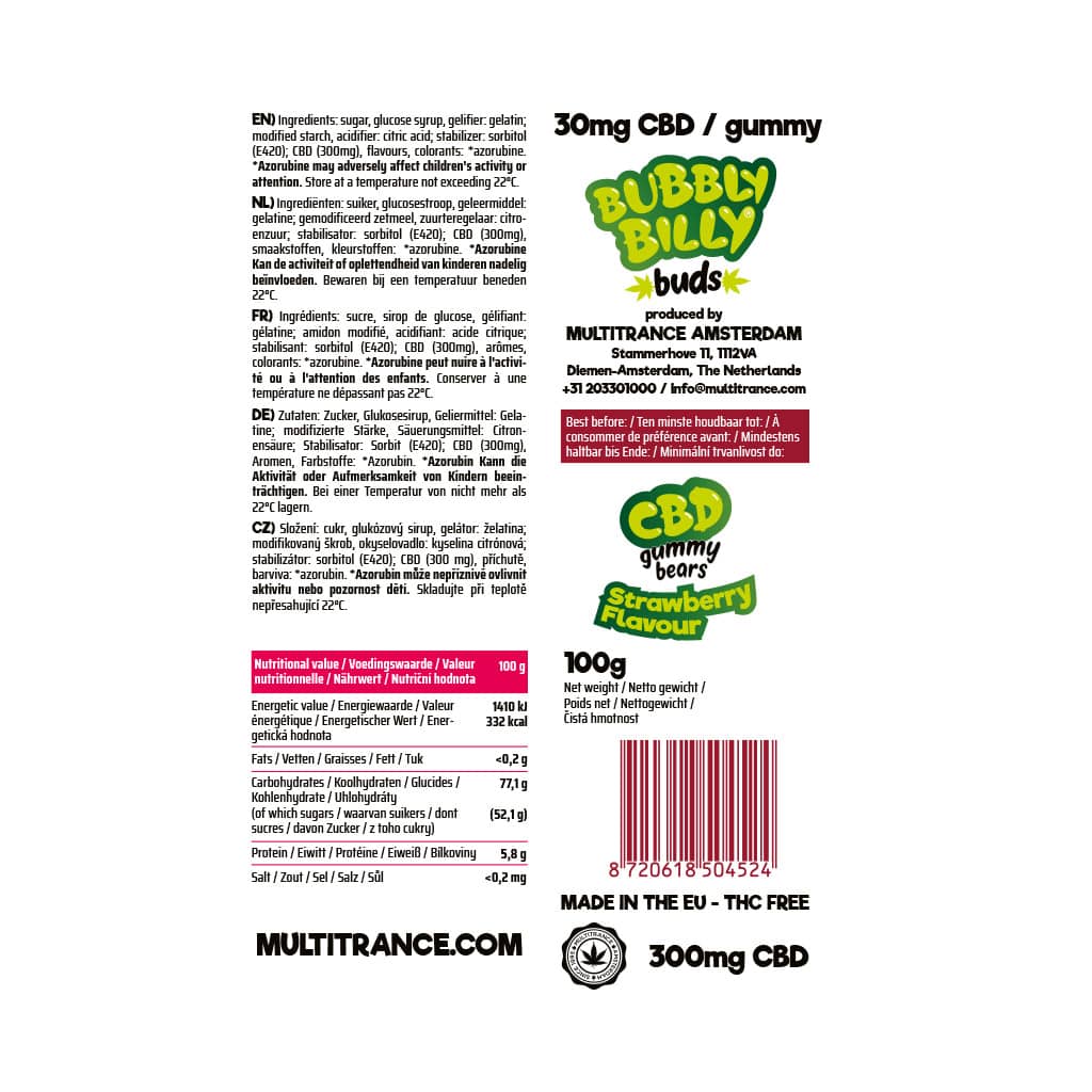 Bubbly Billy Bud's CBD Gummy Bears 100g: Strawberry - 300mg (40 Pack)
