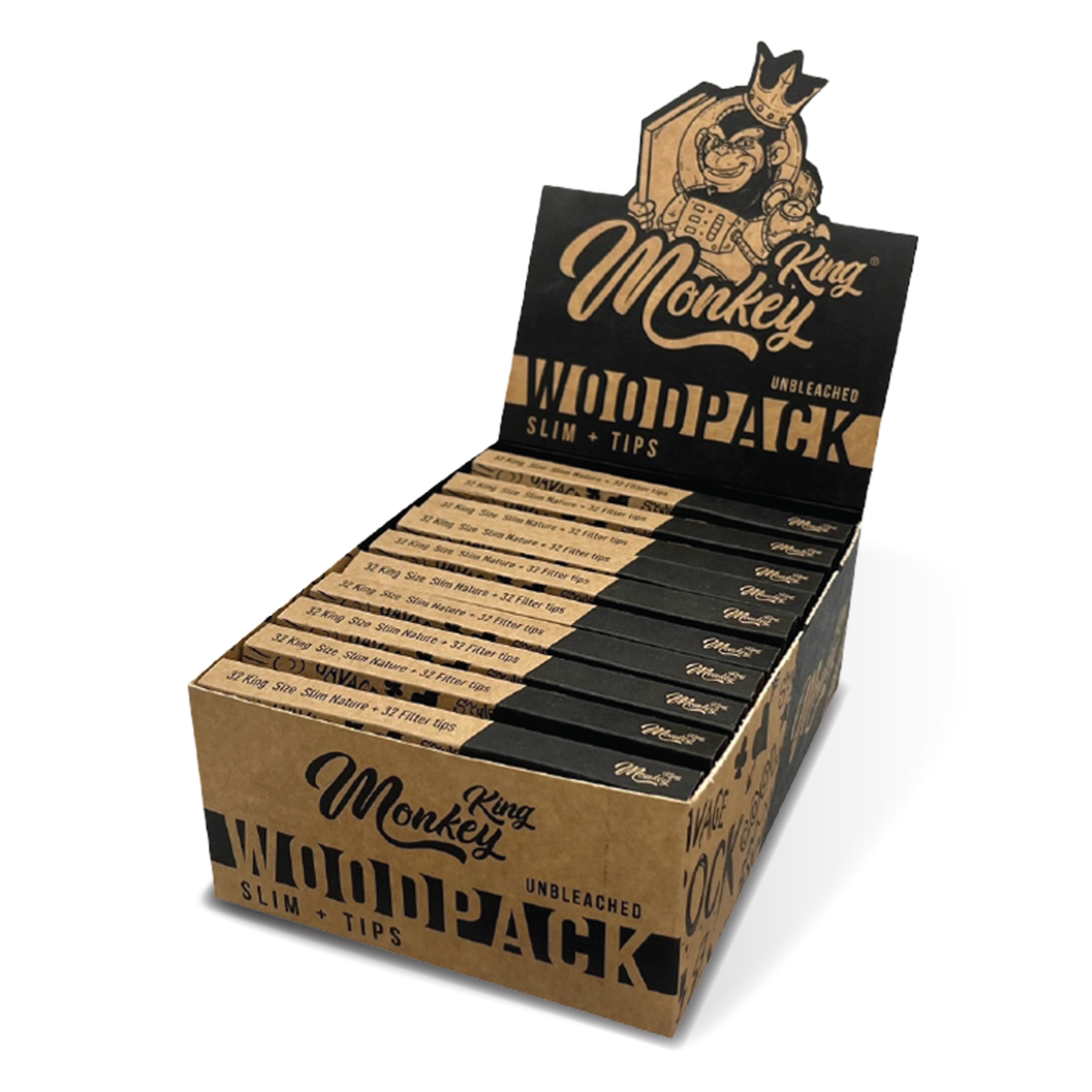 Monkey King Rolling Papers + Tips: Classic Wood Unbleached - King Size (24 Pack)