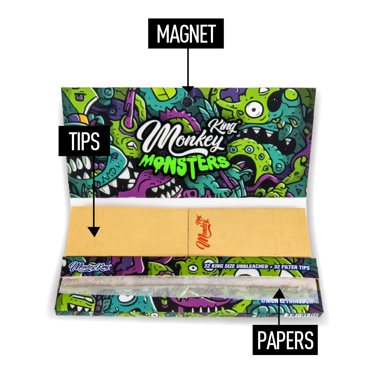Monkey King Rolling Papers + Tips: Magnetic Lock Monsters Edition (24 Pack)