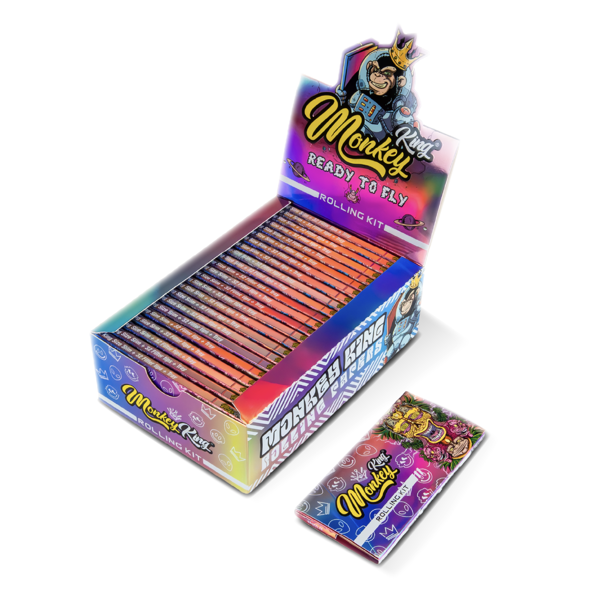 Monkey King Rolling Papers + Tips & Tray: Magnet Lock Ready To Fly Unbleached - King Size (24 Pack)
