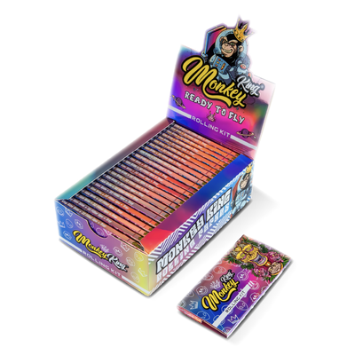 Monkey King Rolling Papers + Tips & Tray: Magnet Lock Ready To Fly Unbleached - King Size (24 Pack)