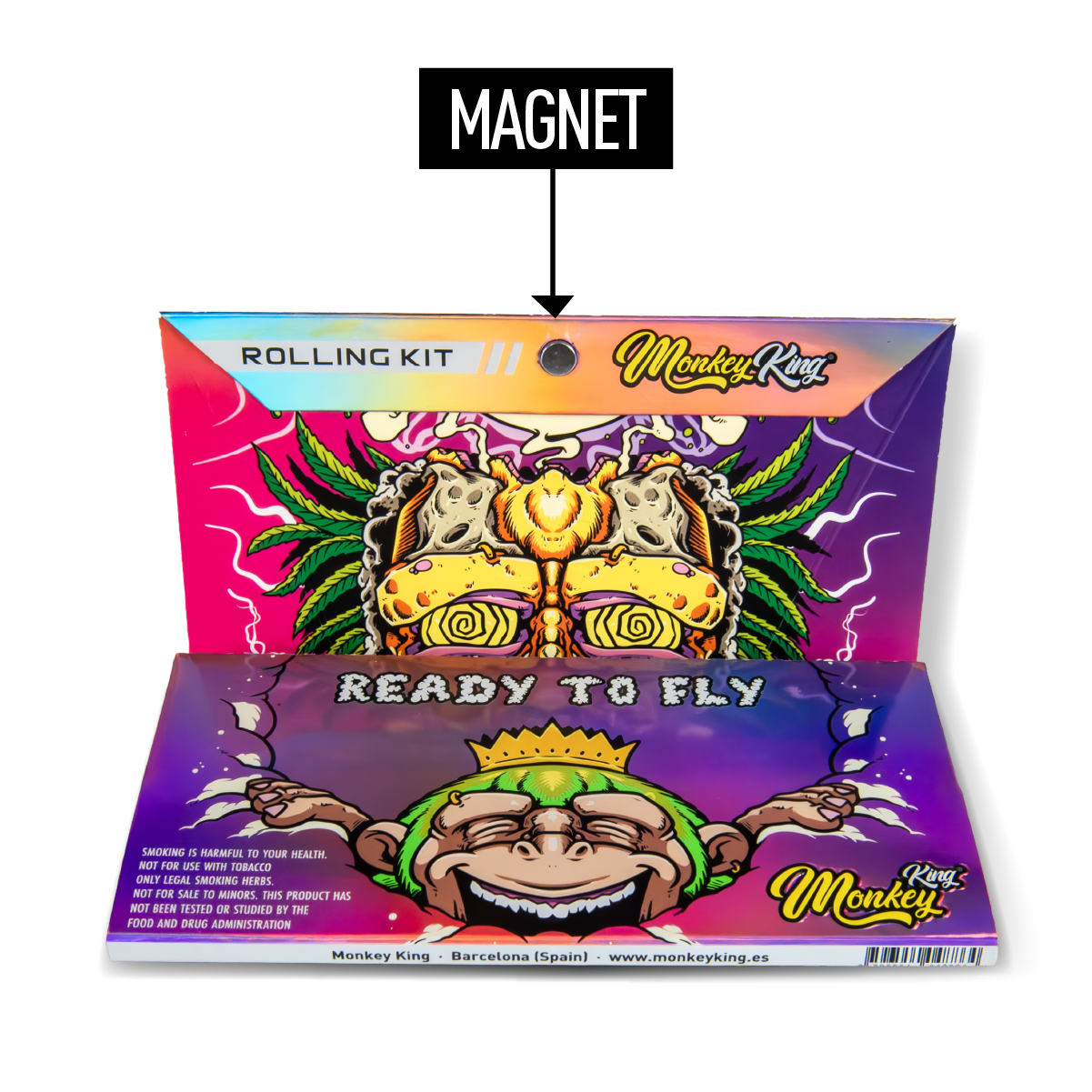 Monkey King Rolling Papers + Tips & Tray: Magnet Lock Ready To Fly Unbleached - King Size (24 Pack)